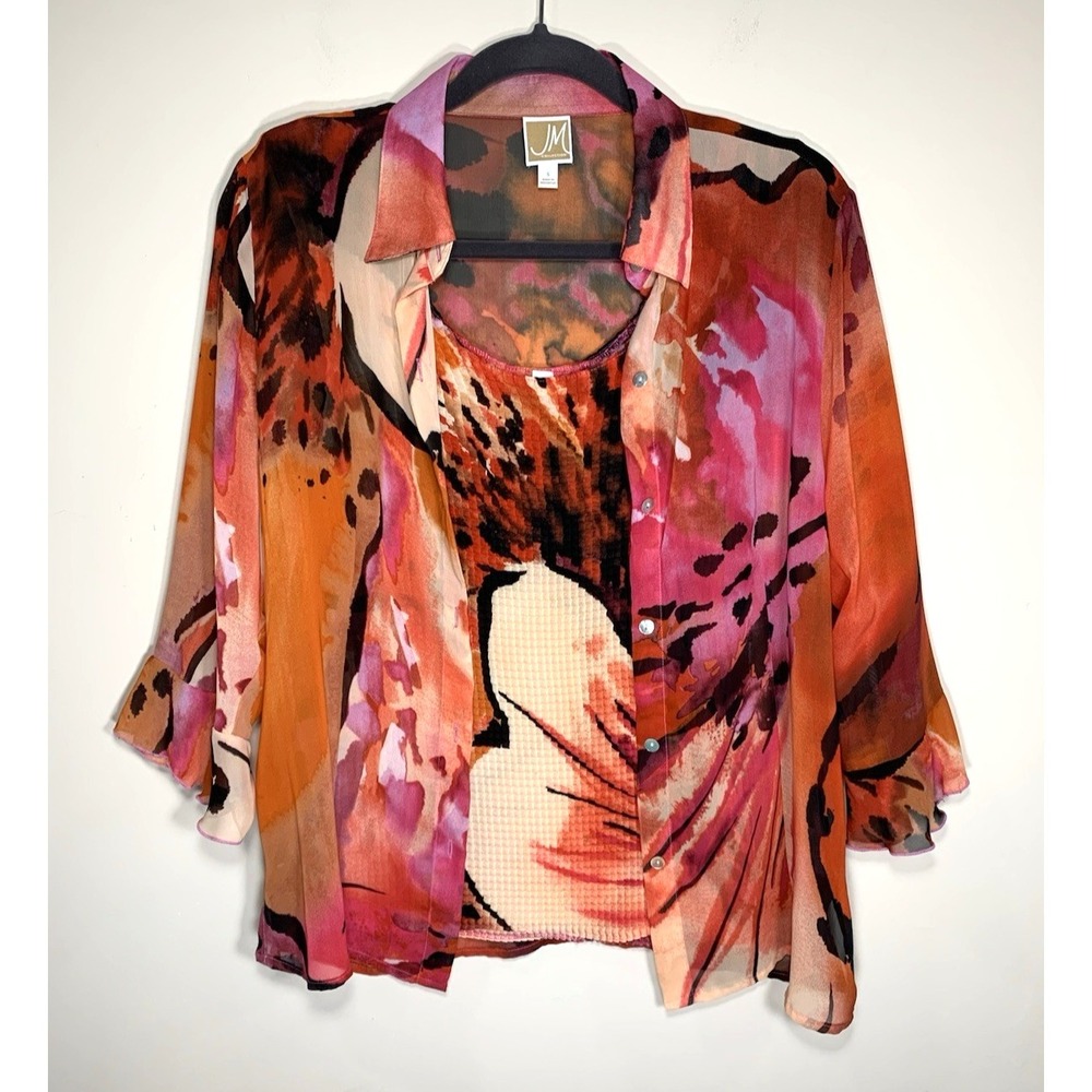 JM Collection Blouse & Cami Set Womens Small Red Floral Chiffon Sheer GORGEOUS!!